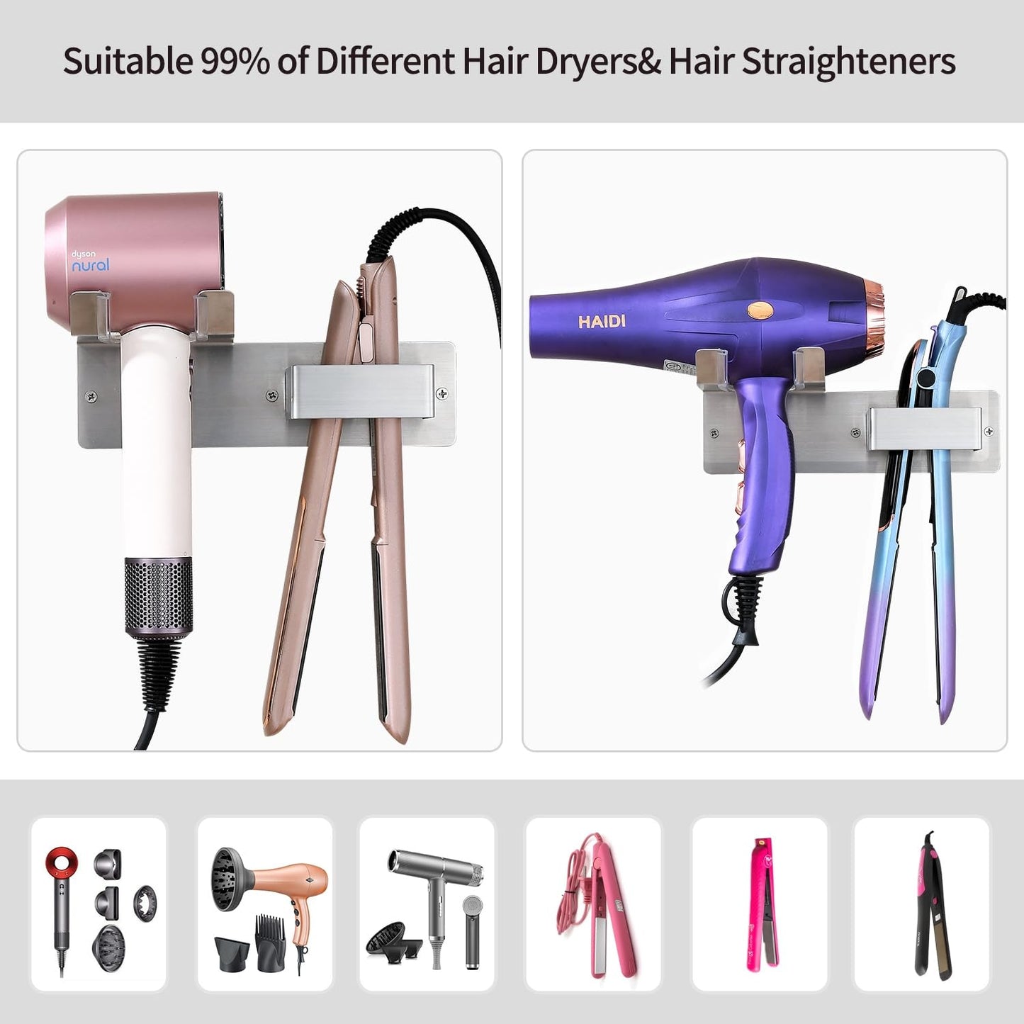 BANJEKT Hair Dryer and Straightener Holder, Stainless Steel Hair Dryer Holder Wall Mounted Drilling/Adhesive, Hair Dryer Holder for Bathroom