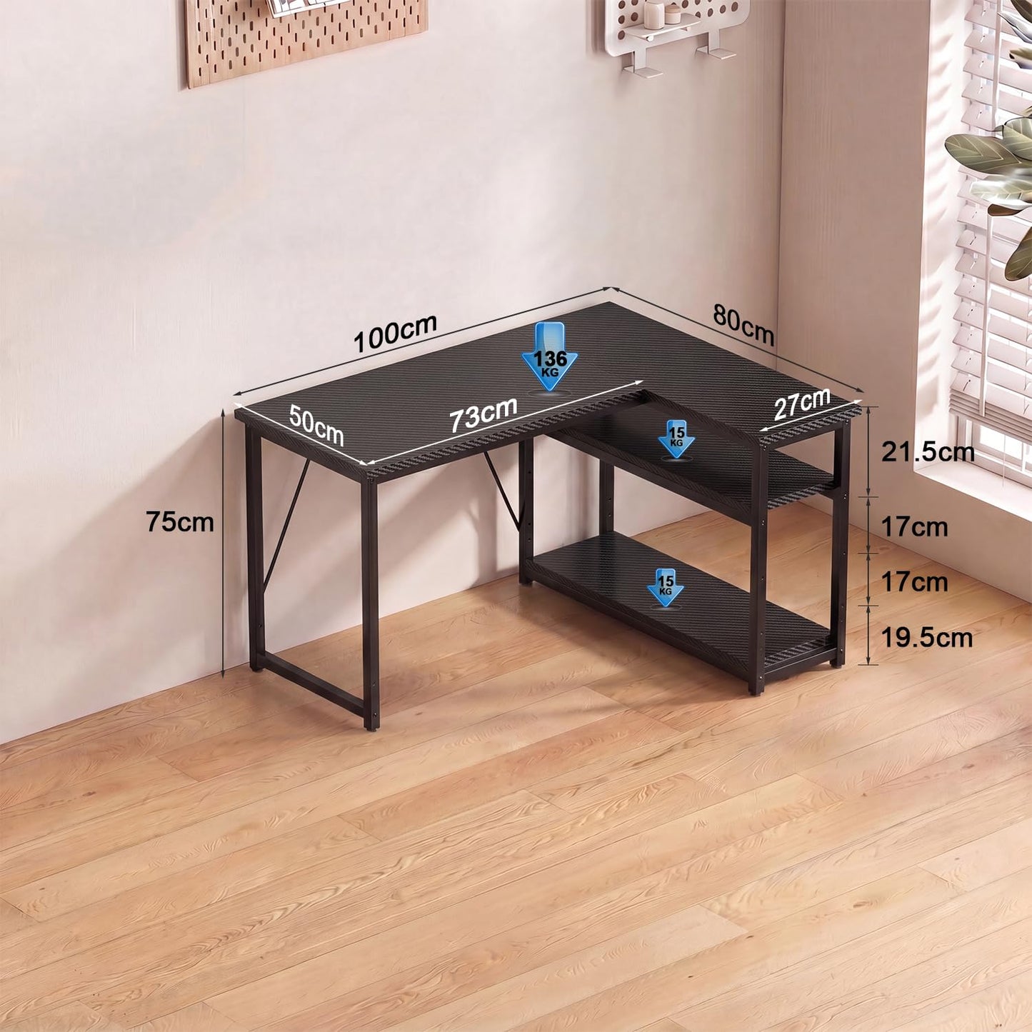 JUMMICO Small 100x80cm L-Shaped Corner Desk with Storage,Compact Corner Computer Desk for Home Office, Carbon Fibre Black