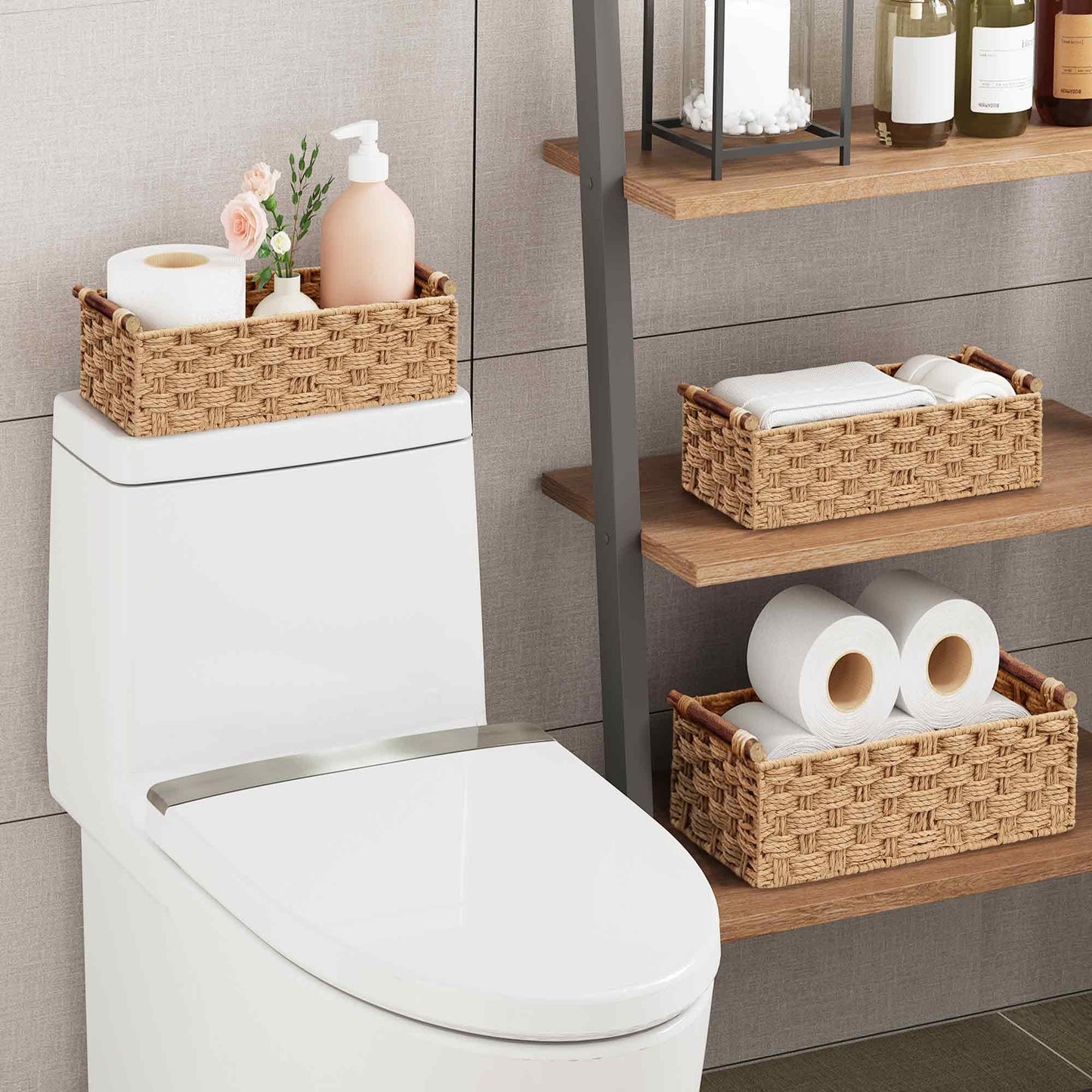 Vagusicc Wicker Storage Basket with Handle, Set of 2 Handwoven Paper Rope Storage Basket for Shelves