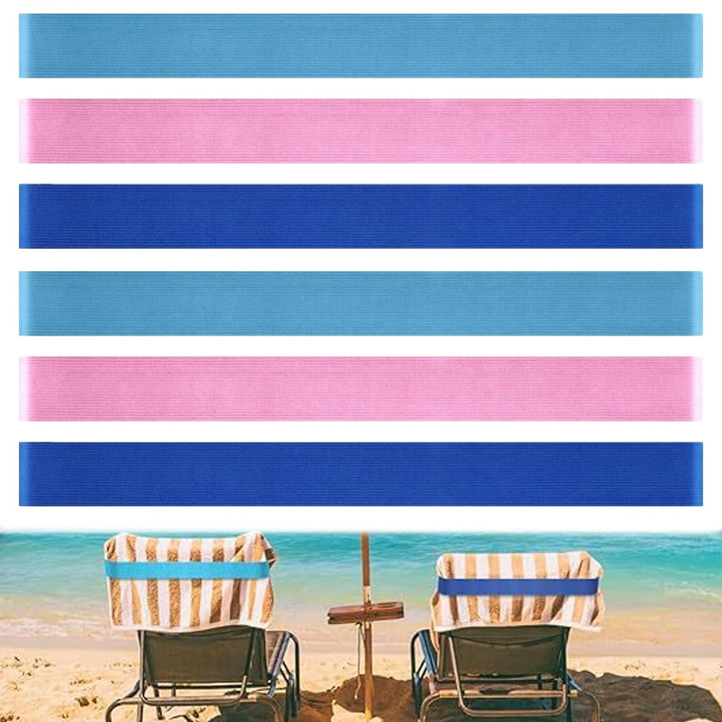 6-Pack Beach Towel Bands for Sun Loungers & Cruise Chairs Windproof Elastic Sunbed Towel Holders Straps for Pool, Holiday & Camping