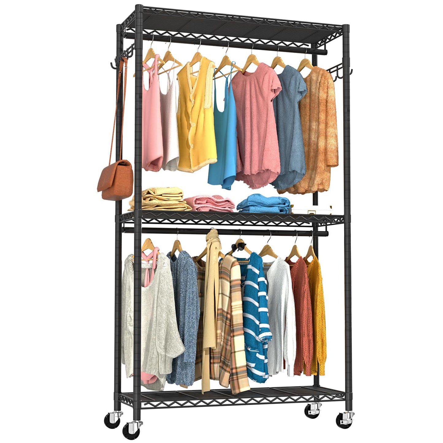 VyGrow Clothes Rail, Clothes Rack for Hanging Clothes, 3 Tiers Adjustable Garment Rack with Wheels, Double Rods, Side Hooks, Heavy Duty, Black