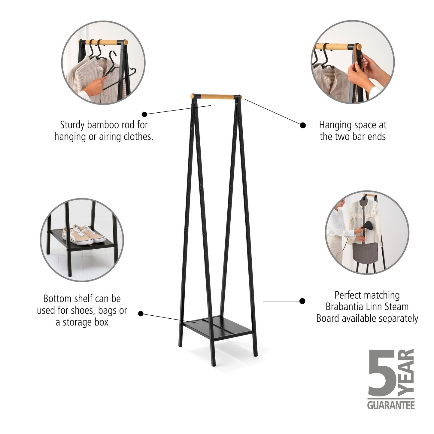 Brabantia - Linn Clothes Rack, Compact - Free Standing Clothing Rail - Clothes Storage - Hang, Air, or Dry Clothes - Sturdy Steel Frame & Bamboo Rod