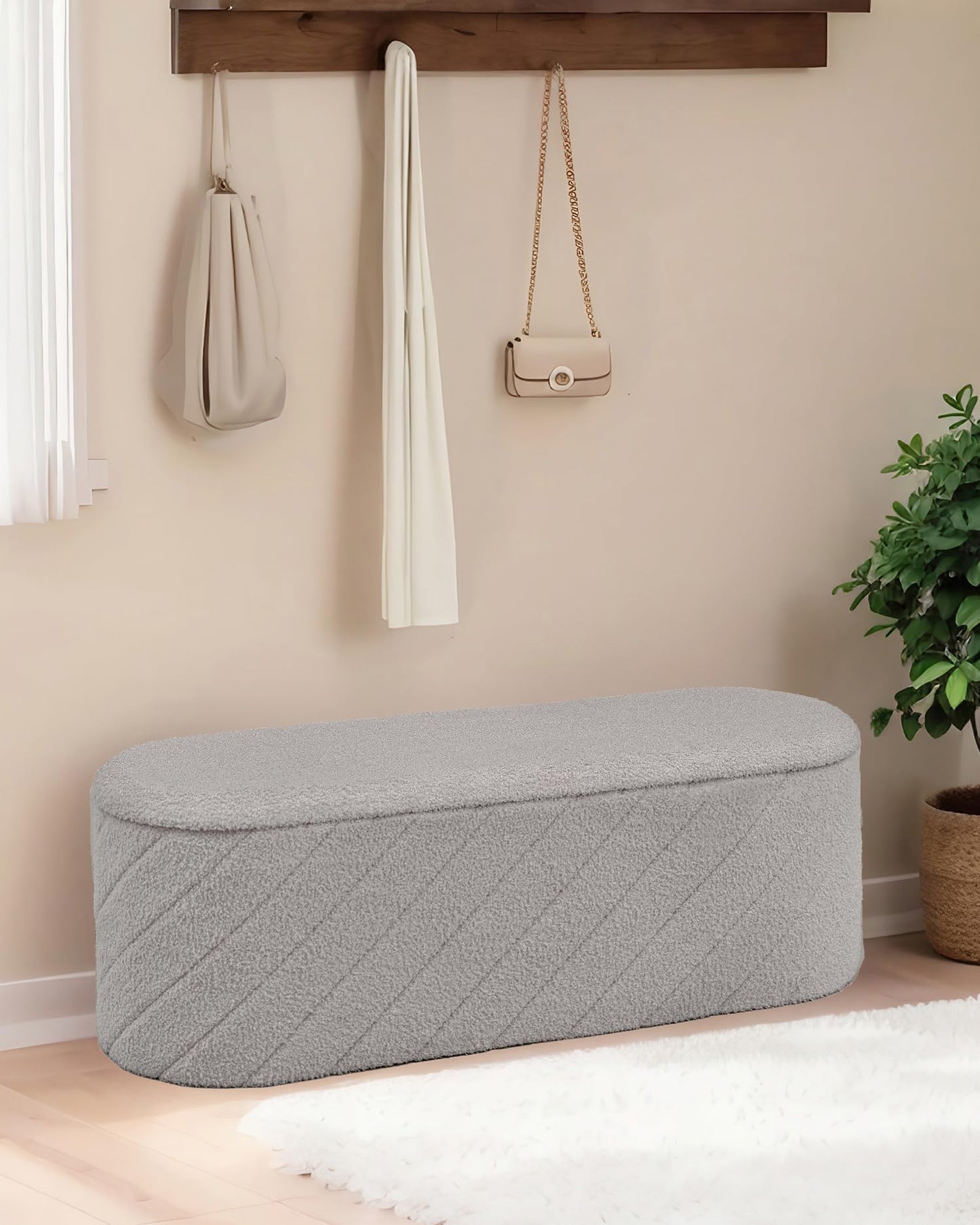 Bonlife Oval Ottoman with Storage Bench, Folding Foot Rest with Lid, Boucle End of Bed Bench,Foostool for Living