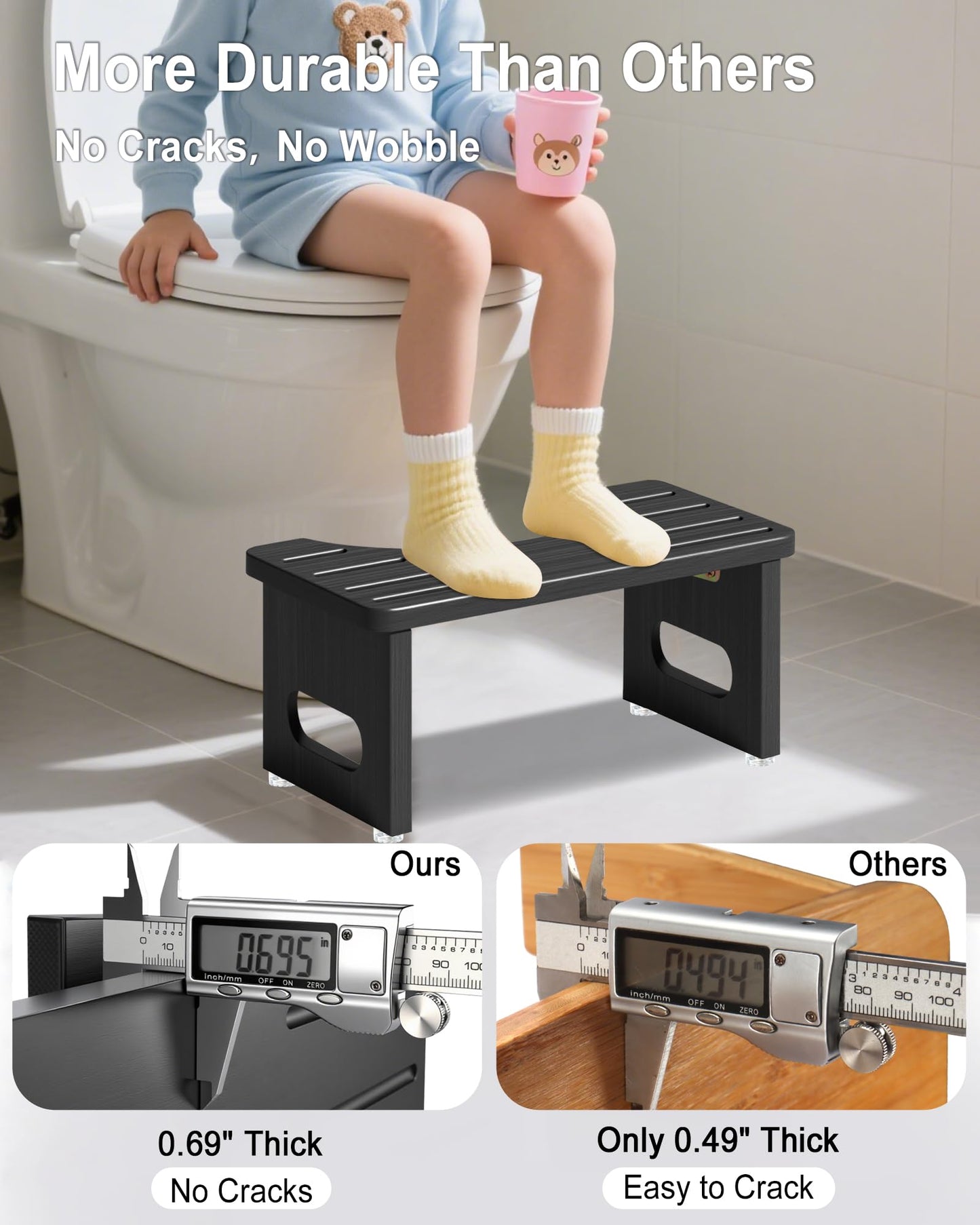 Foldable Toilet Stools, 17.8 CM Wooden Toilet Stool with Anti-Slip Feet, Space Saving, 35° Durable C Shaped Stool (Black)