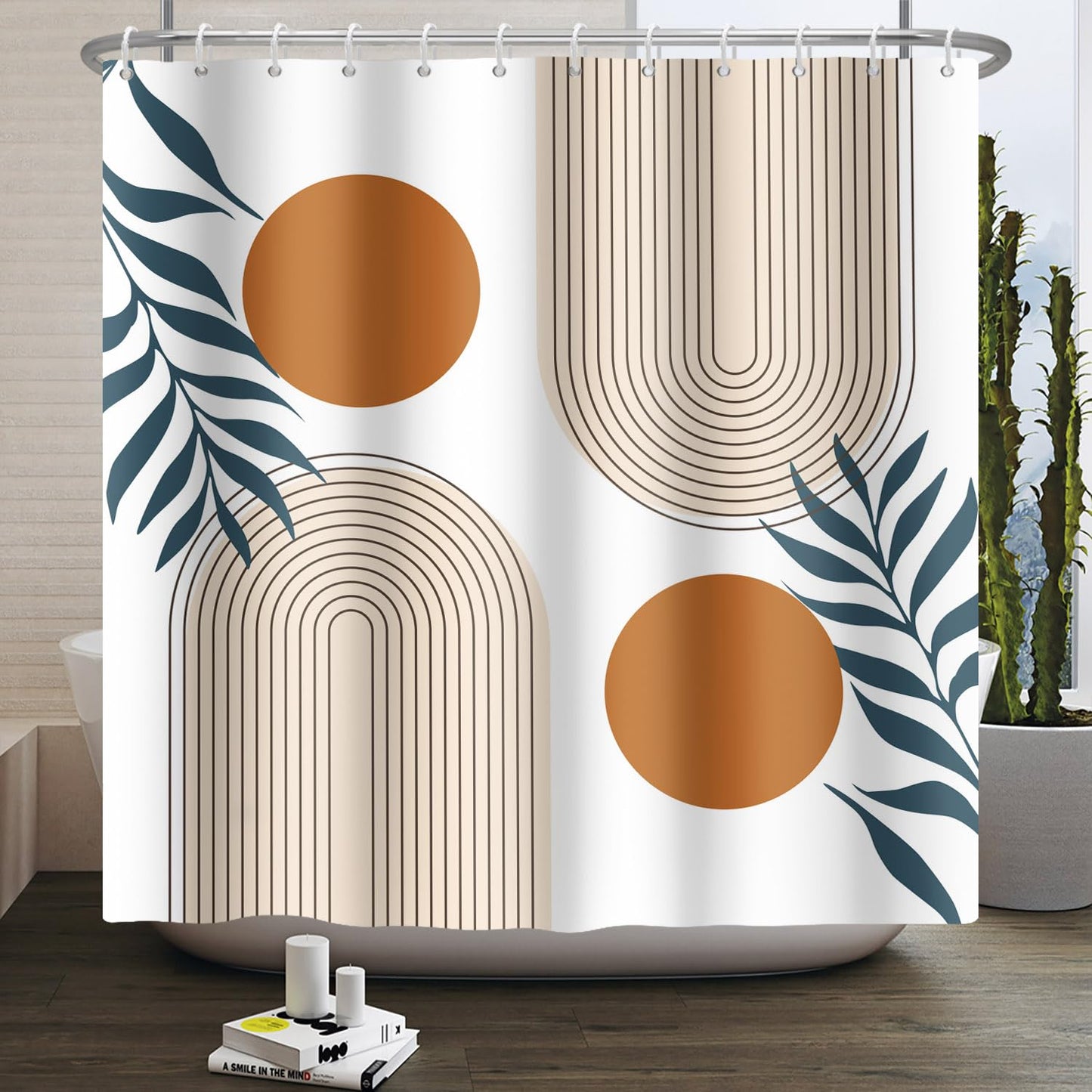Kzzfqxb 183x183cm Boho Shower Curtains with Hooks, Mid Century Arch Beige Suns Circles Leaves Modern Abstract Art Occluded Waterproof for Bath,
