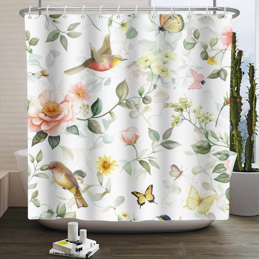 Kzzfqxb 180x200cm Floral Shower Curtains with Plastic Hooks, Botanical Pink Yellow Flowers Leaves Birds Butterflies Waterproof Occluded for Bath,