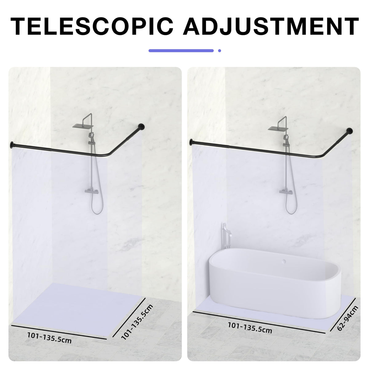 YOFOQ Shower Curtain Rail, L Shaped, Adjustable 62–94x141–174cm, Black