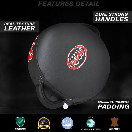 Farabi Sports Round Boxing Pad 100% Genuine Leather Punching Mitts Kick Pad Black Boxing Mitts MMA Muay Thai Taekwondo Kickboxing Training Strike