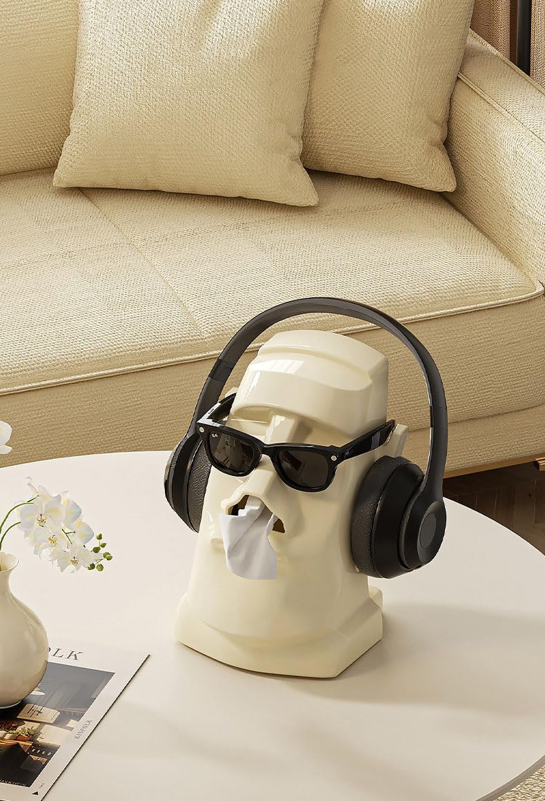 Hosoncovy Moai Tissue Box Holder Stone Face Easter Island Napkin Tissue Holder Box for Home Living Room Bathroom Kitchen Office Bar (White)