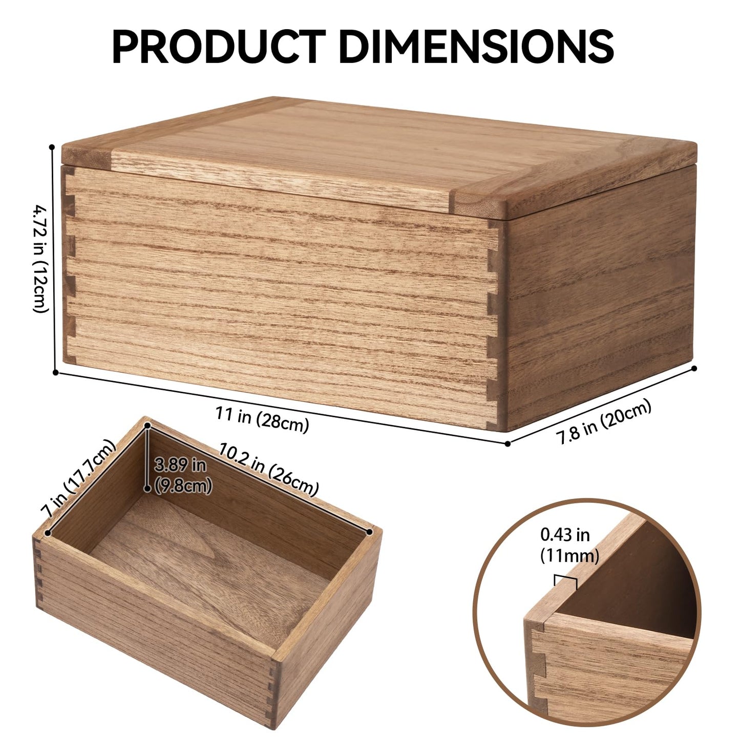 KIRIGEN Wooden Storage Box with Lid, Keepsake Organiser, Brown