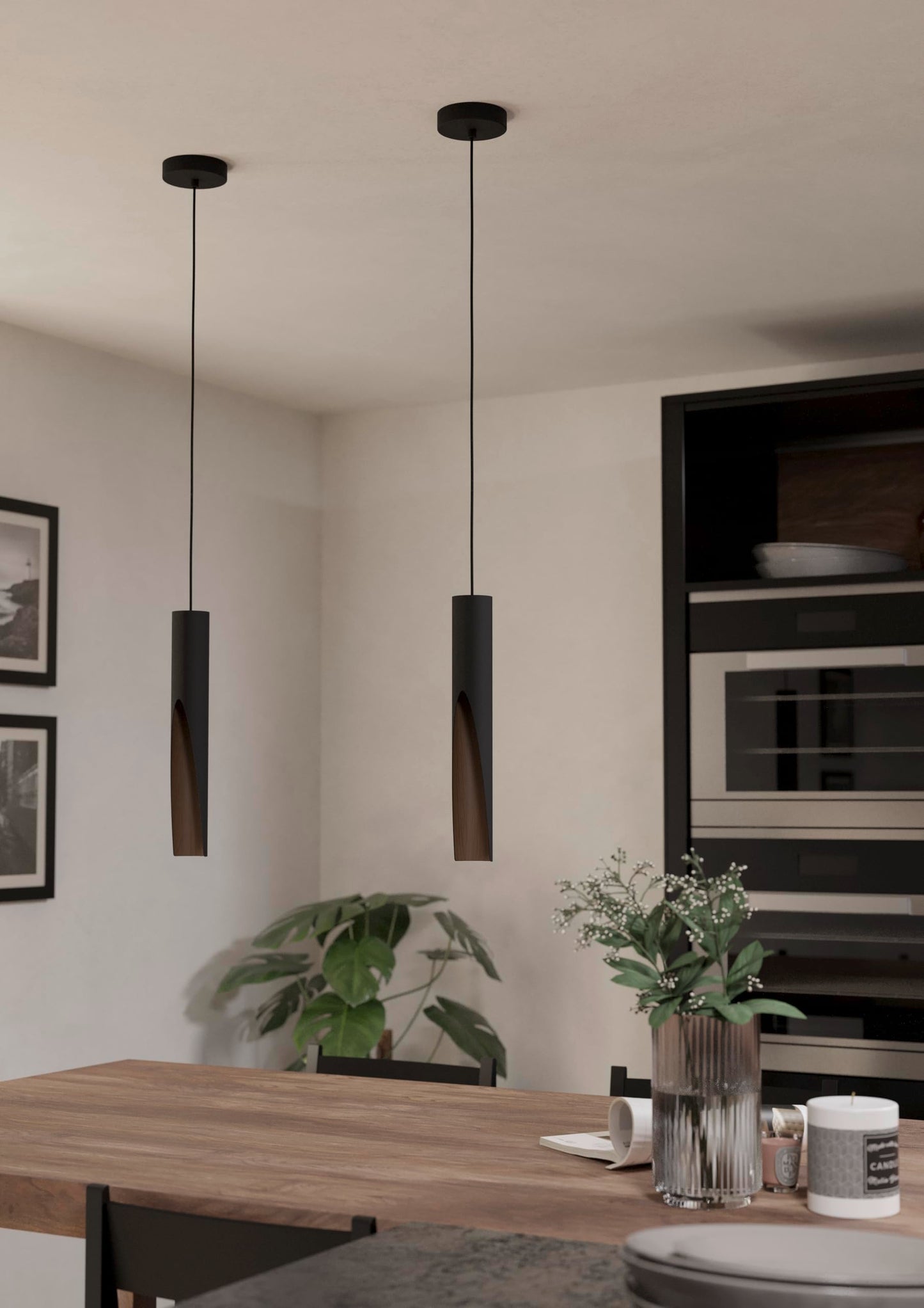 Eglo LED Pendant Lighting Barbotto, Hanging lamp with indirect Lighting, Metal Ceiling Light Fixture in Black and Wood Look, GU10 Bulb, Warm White,