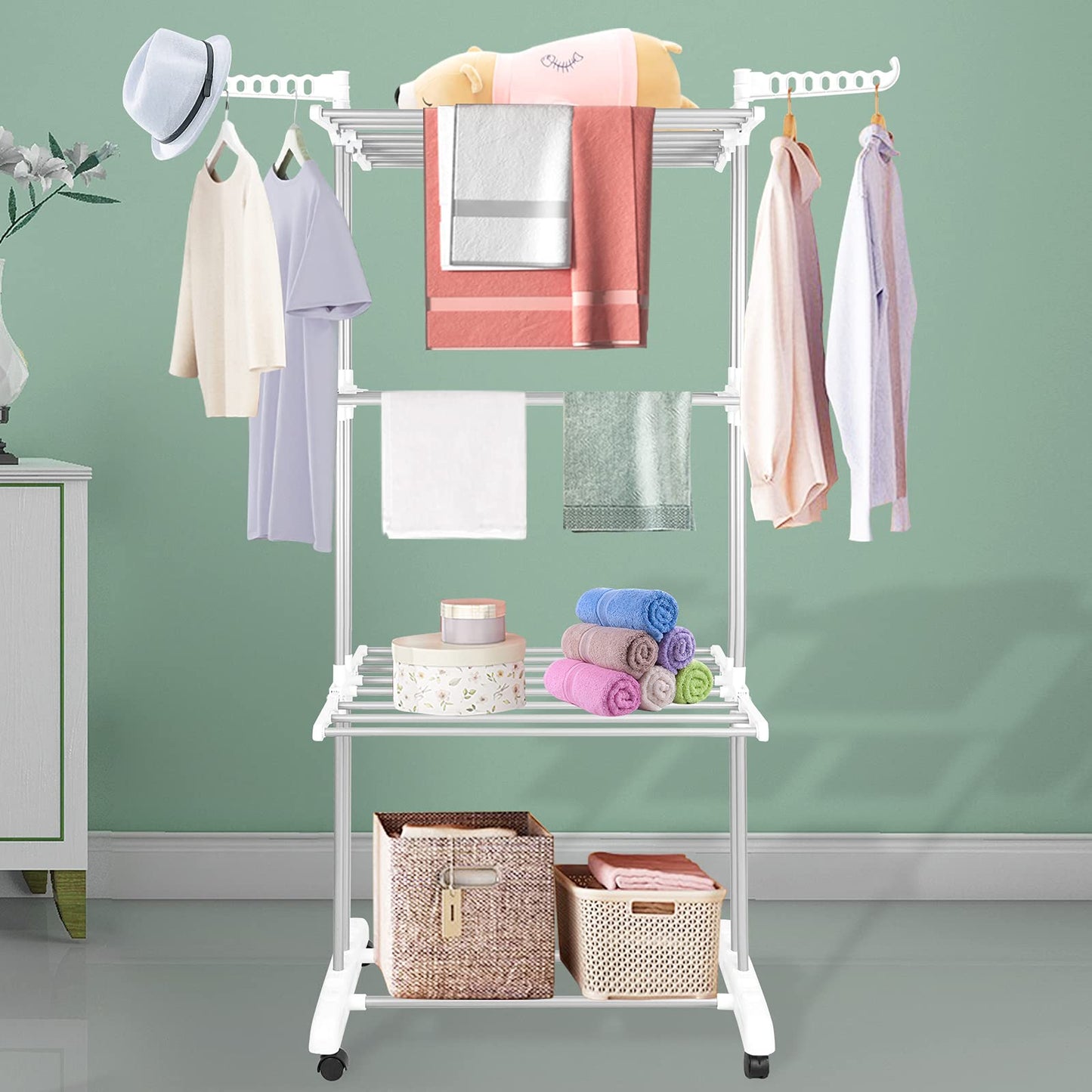 Innotic Clothes Drying Rack Foldable 4 Tier Clothes Airer Stainless Steel Portable Clothes Rail Laundry Dryer Hanger Rack with Wheels for Indoor