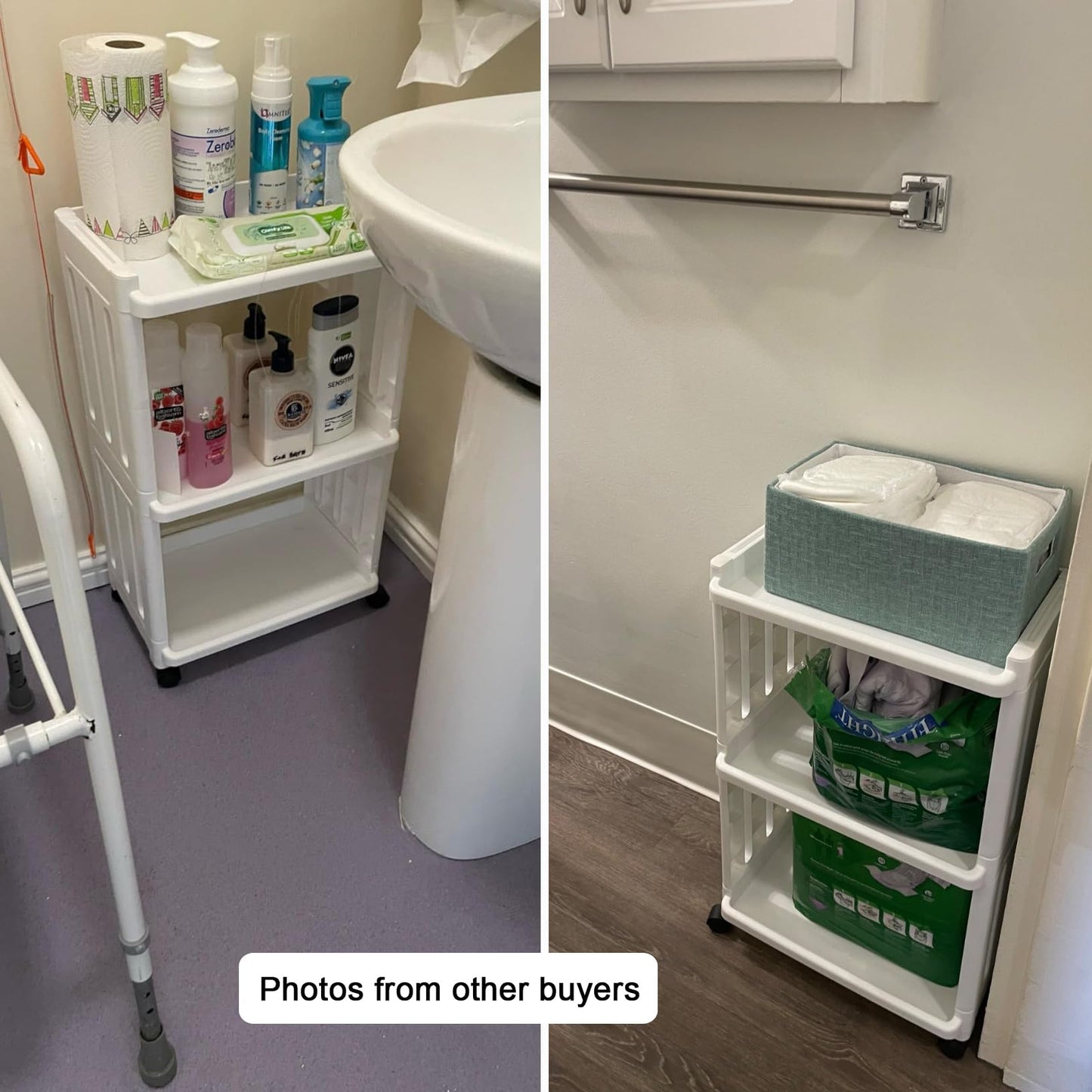 Storage Trolley Slide Out Rolling Cart Utility Slim Organiser Shelf on Wheels 3 Tier Narrow Places Mobile Shelving Unit Tower Rack for Bathroom