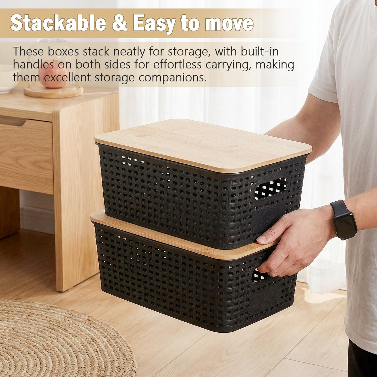 Huiguli 6 Pack Black Plastic Storage Boxes with Bamboo Lid