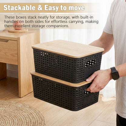 Huiguli 6 Pack Black Plastic Storage Boxes with Bamboo Lid