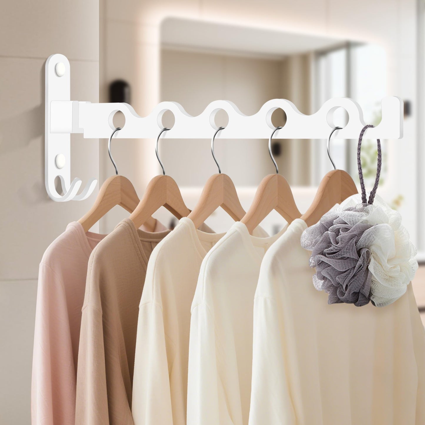 MEIJO Wall-Mounted Clothes Rack White, Foldable Wall Mounted Clothes Rail, 90° Rotation Heavy Duty Wall Clothing Drying Rack Wall Coat Rack for