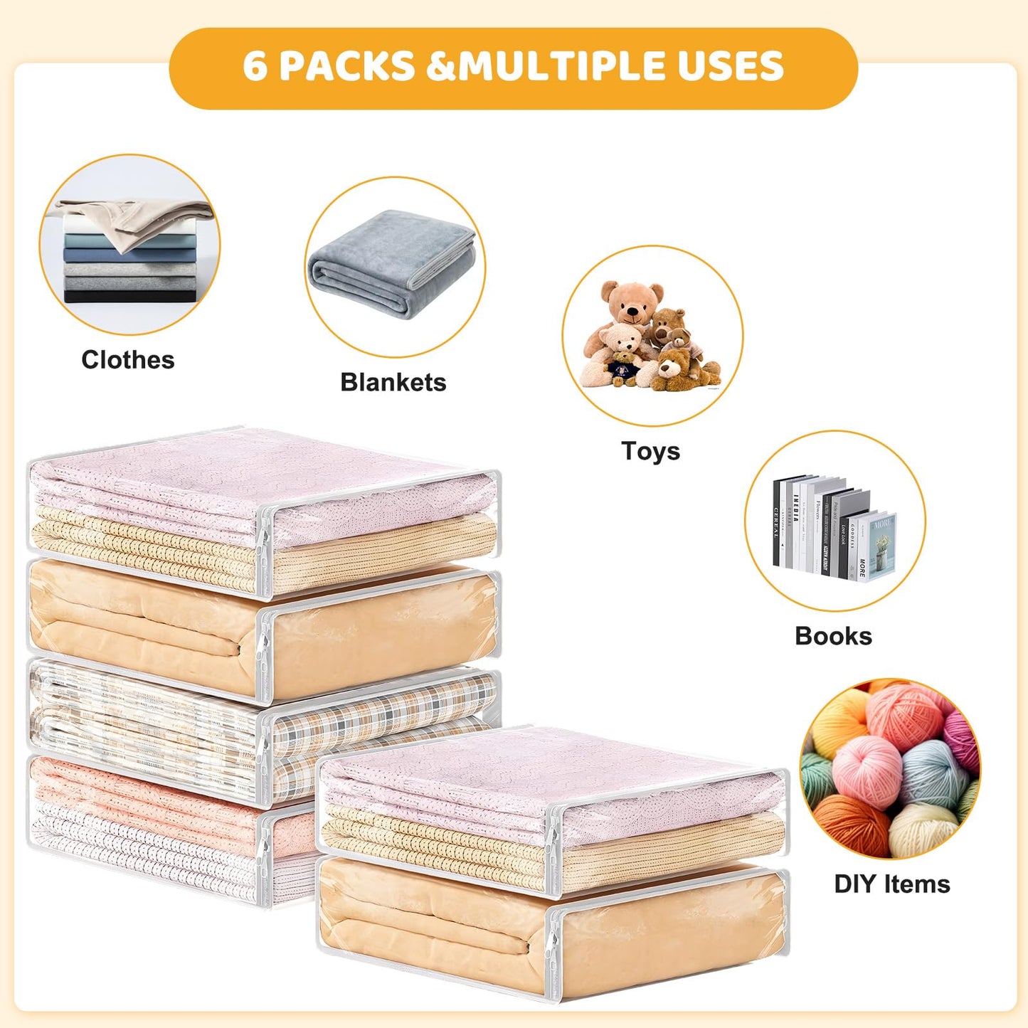 6 Pack Clear Storage Bags with Zips, 14L Foldable Clothes Storage Bags for Loft Wardrobe Closet Wardrobe Storage Organizer for Quilt Clothes Sweater