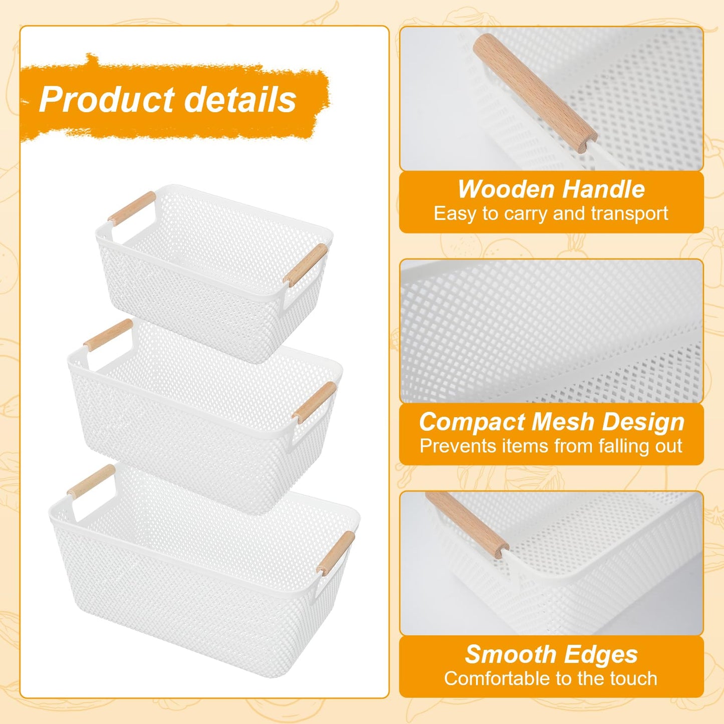 6PCS Plastic Storage Baskets, White Bathroom Storage Boxes with Wood Handle
