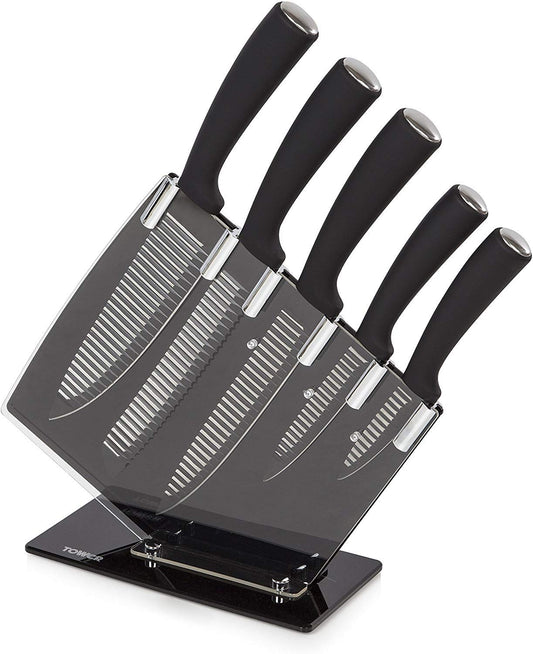Tower Kitchen Set with Acrylic Knife Block, Black and White Groove Blades Handles, 5-Piece, Stainless Steel