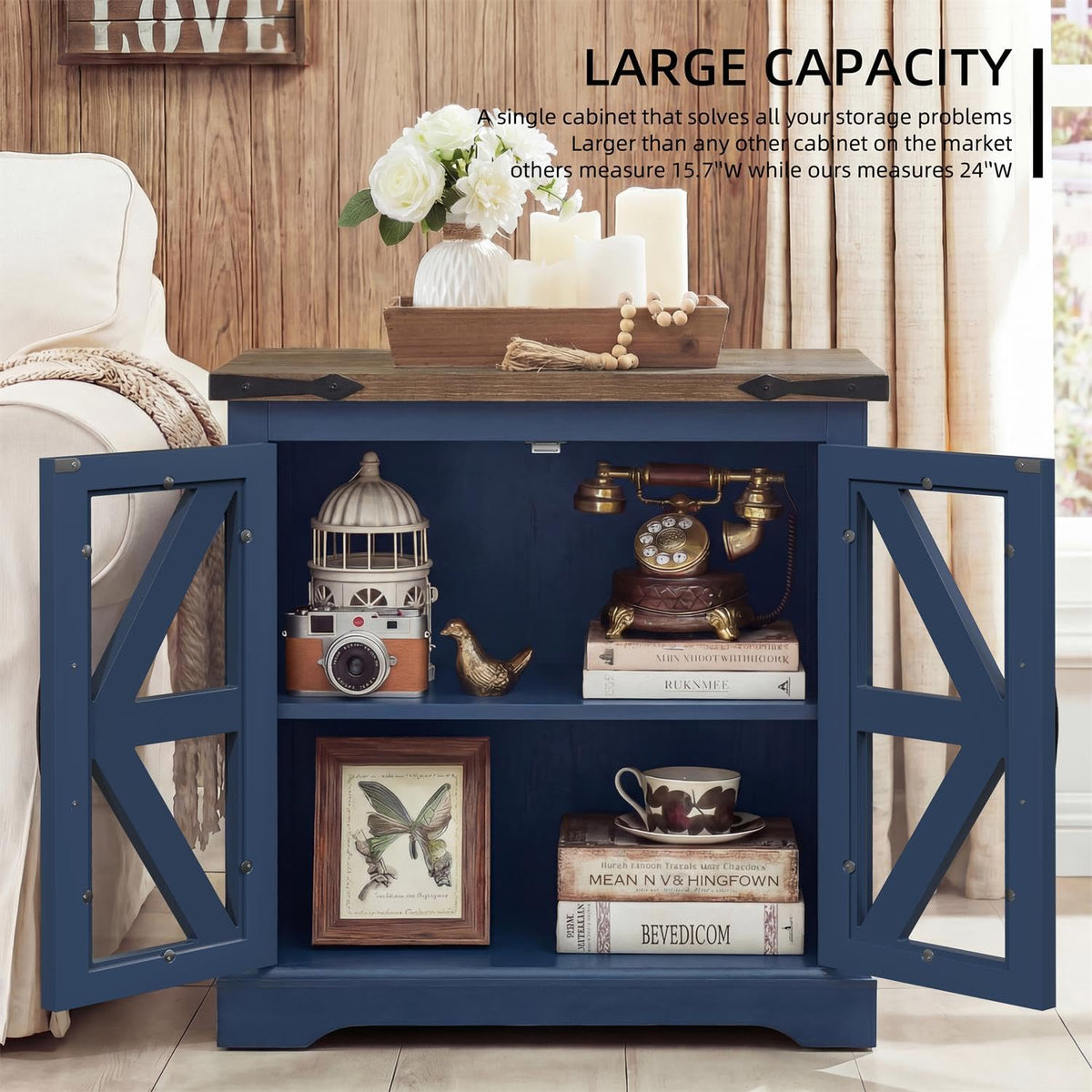 BEROXII Rustic Wood End Table, 24 inches, Square Nightstand with Adjustable Shelf, Barn Door, for Living Room, Bedroom Blue