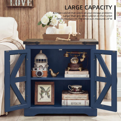 BEROXII Rustic Wood End Table, 24 inches, Square Nightstand with Adjustable Shelf, Barn Door, for Living Room, Bedroom Blue