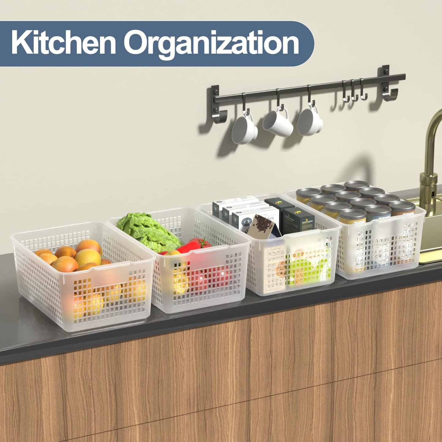 Qskely 3-Pack Large Plastic Storage Basket, Clear Kitchen Cupboard Baskets