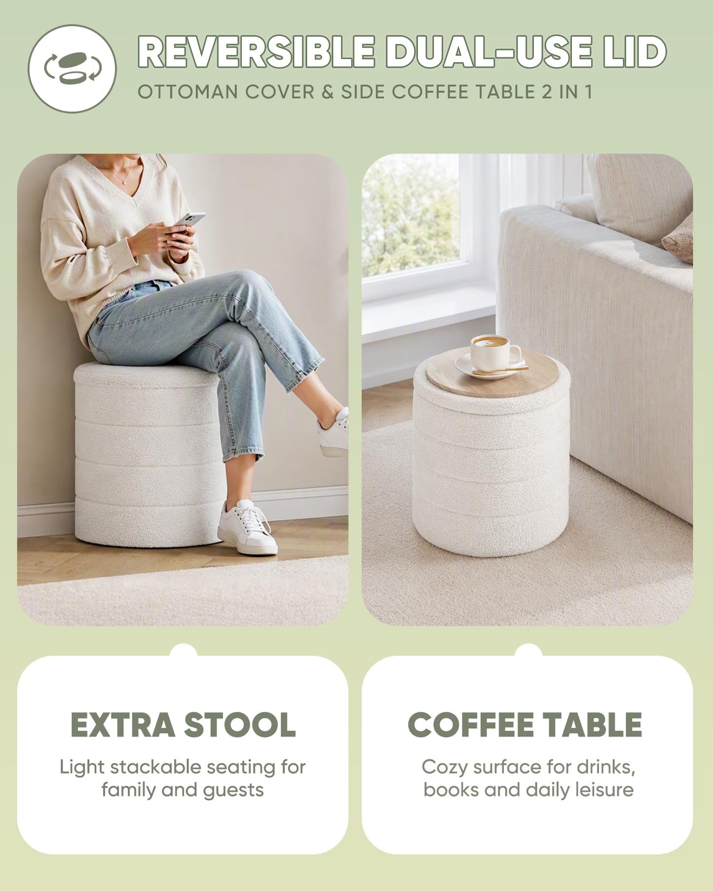 Bonlife Boucle Ottoman Storage, Foot Rest Stool Seat, Folding Footstool for Living Room, Sherpa Ottoman for Bedroom, Cream, 37x37x45 cm