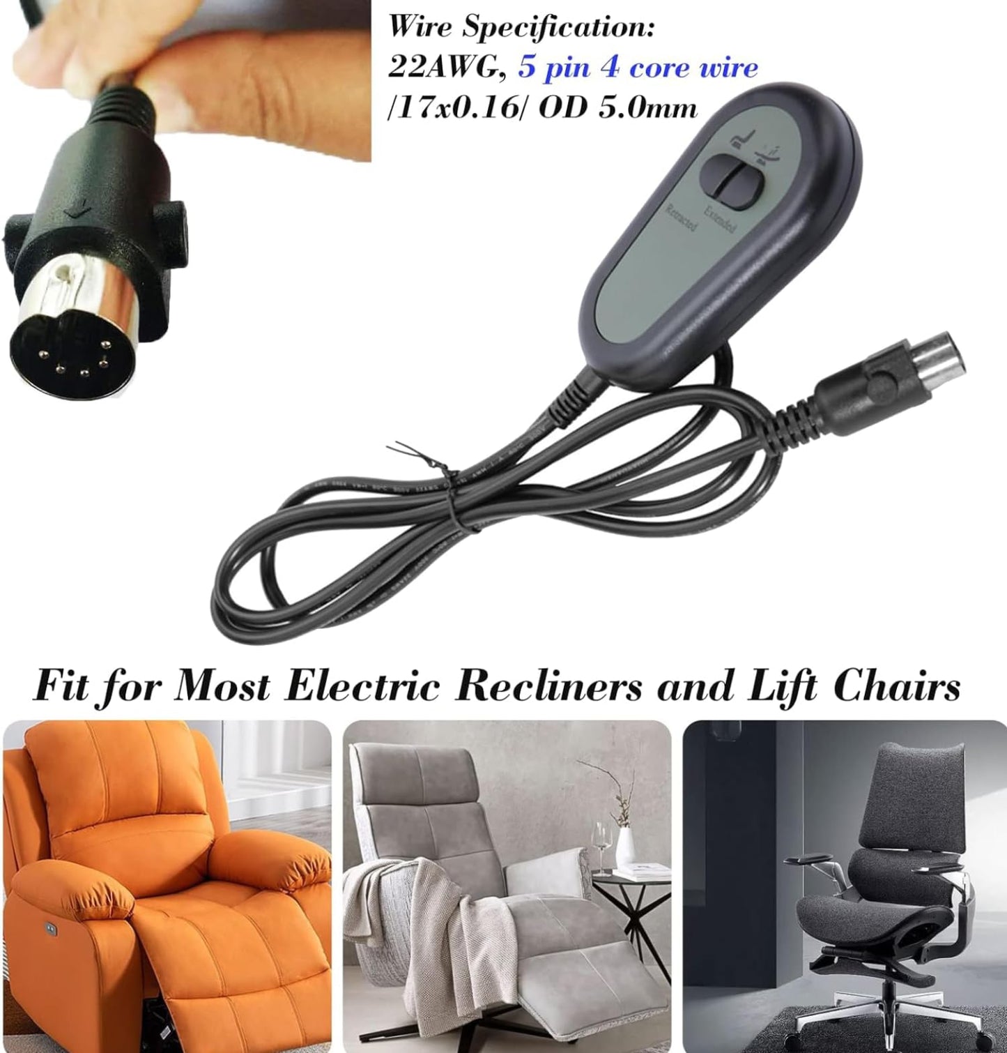 Recliner Chair Switch Controller,5 Pin Electric Recliner Switch Replacement with 2 Button,Hand Switch Controller for Recliners and Lifting Chair