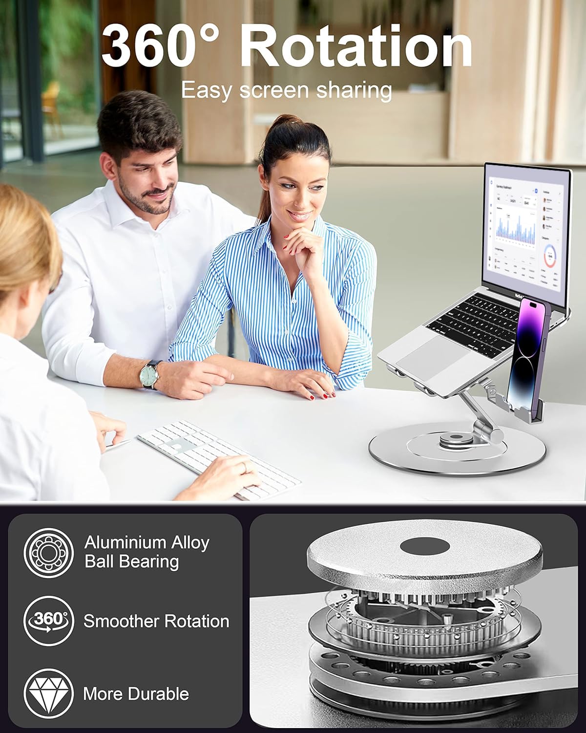 LOXP Ultra-Stable Aluminumy Swivel Laptop Stand for Desk with Rotating Foldable Phone Holder, 300% Large Base Stability, Anti-Loosening Structure