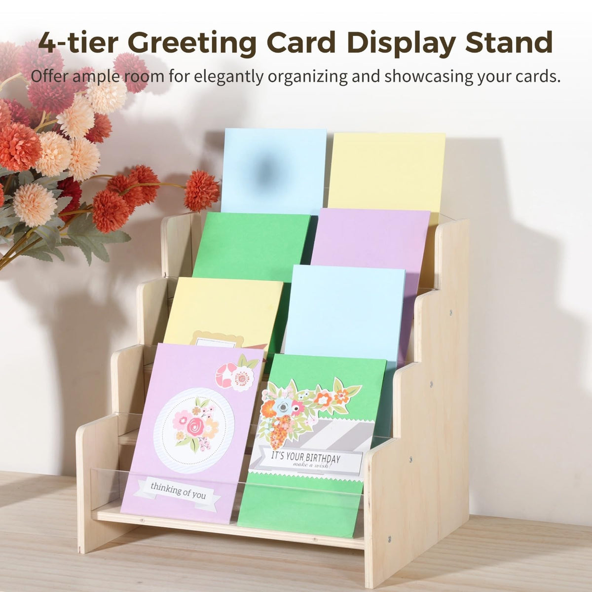 SWEWARM 4-Tier Greeting Card Holder, Wooden Display Shelf with Acrylic Front, Portable Postcard Organizer for Countertop, Blank Retail Rack