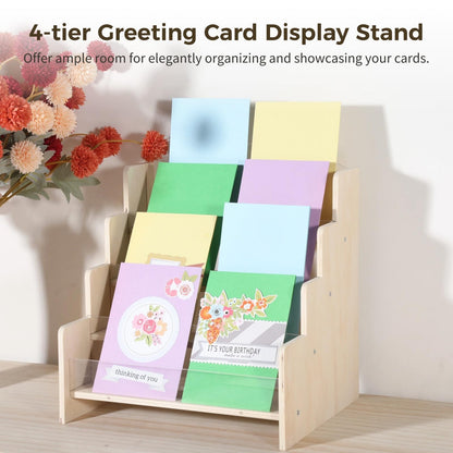 SWEWARM 4-Tier Greeting Card Holder, Wooden Display Shelf with Acrylic Front, Portable Postcard Organizer for Countertop, Blank Retail Rack