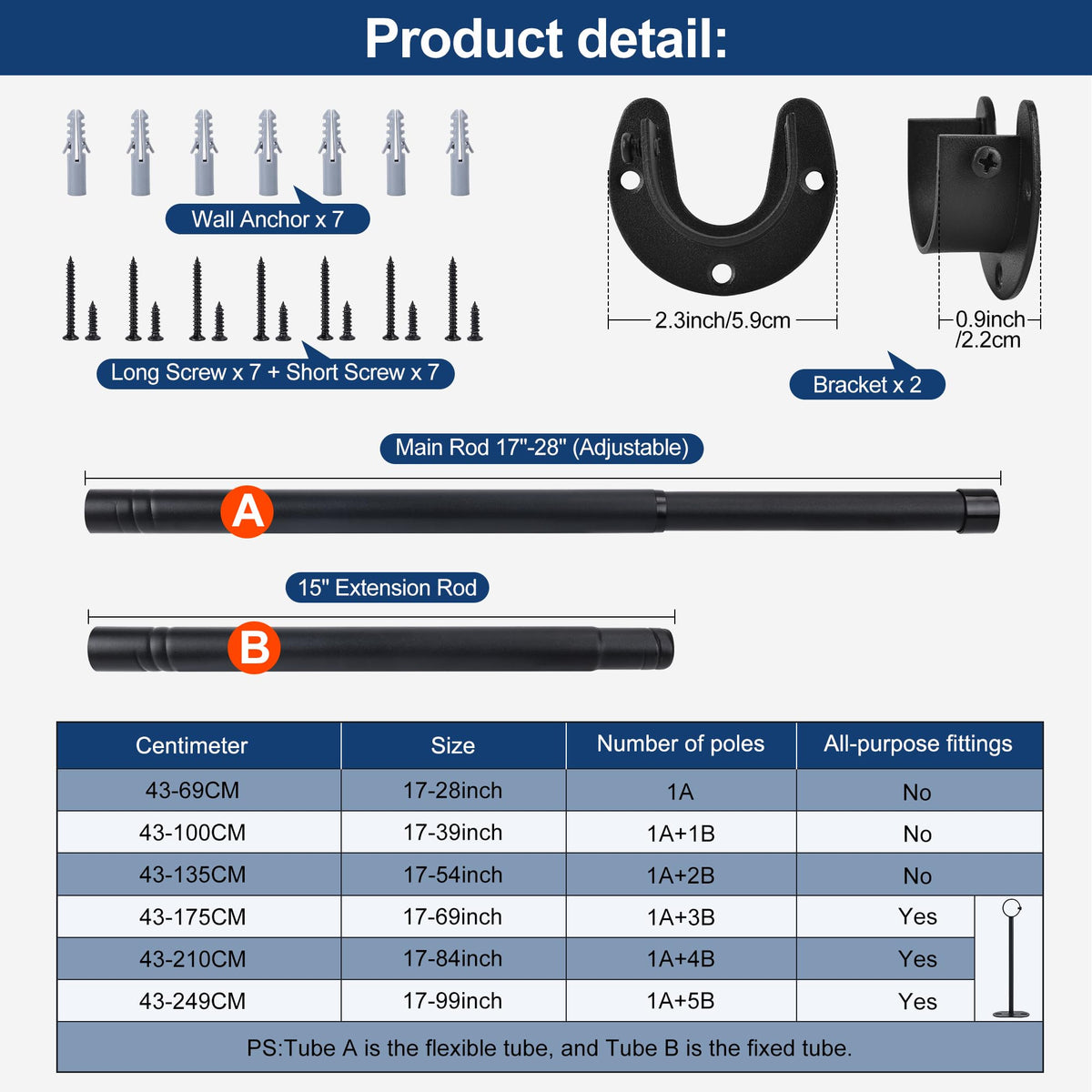 Wardrobe Rail,Extendable Clothes Rails, Stainless Steel adjustable wardrobe pole with Fixing Sockets and Screws for Wardrobe and Cupboard