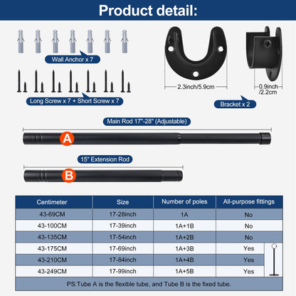 Wardrobe Rail,Extendable Clothes Rails, Stainless Steel adjustable wardrobe pole with Fixing Sockets and Screws for Wardrobe and Cupboard