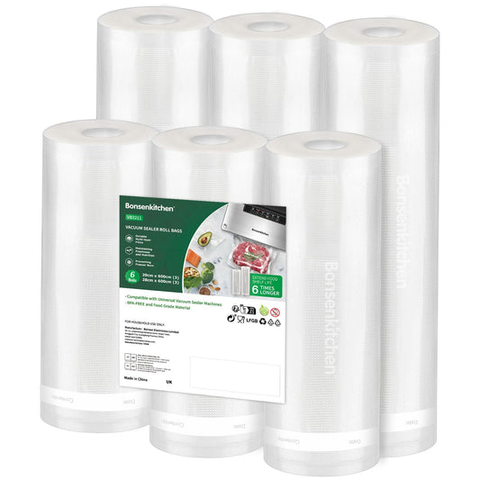 Bonsenkitchen 6 Packs Vacuum Sealer Rolls Bags, 3 Rolls 28 x 600cm + 3 Rolls 20 x 600cm Storage Bags, Durable Commercial Customized Size Food Bags for