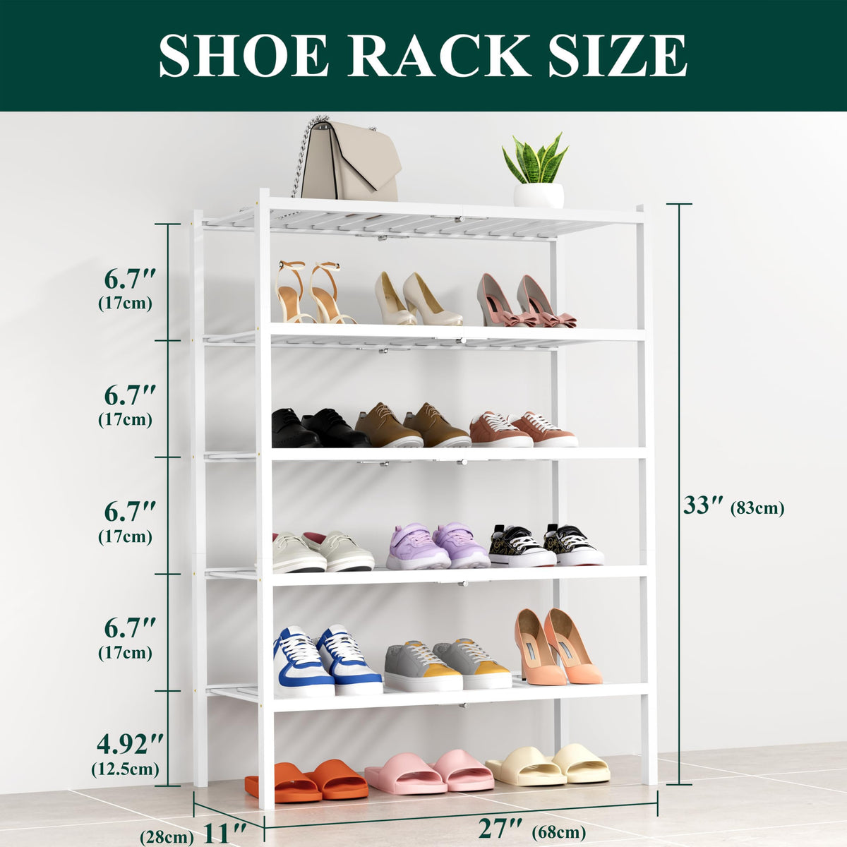 smiry Shoe Rack, 5 Tier Bamboo Shoe Organizer, Stackable Free Standing Wooden Shoe Storage Shelf for Entryway, Front Door Entrance, White