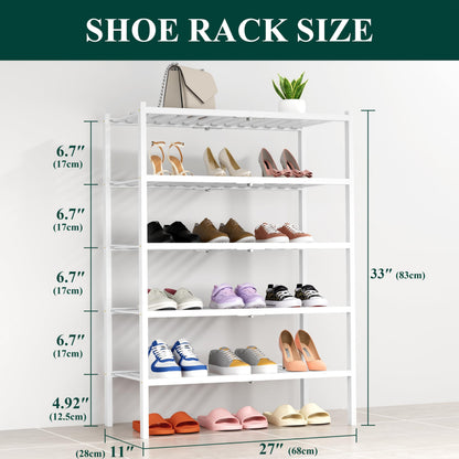 smiry Shoe Rack, 5 Tier Bamboo Shoe Organizer, Stackable Free Standing Wooden Shoe Storage Shelf for Entryway, Front Door Entrance, White