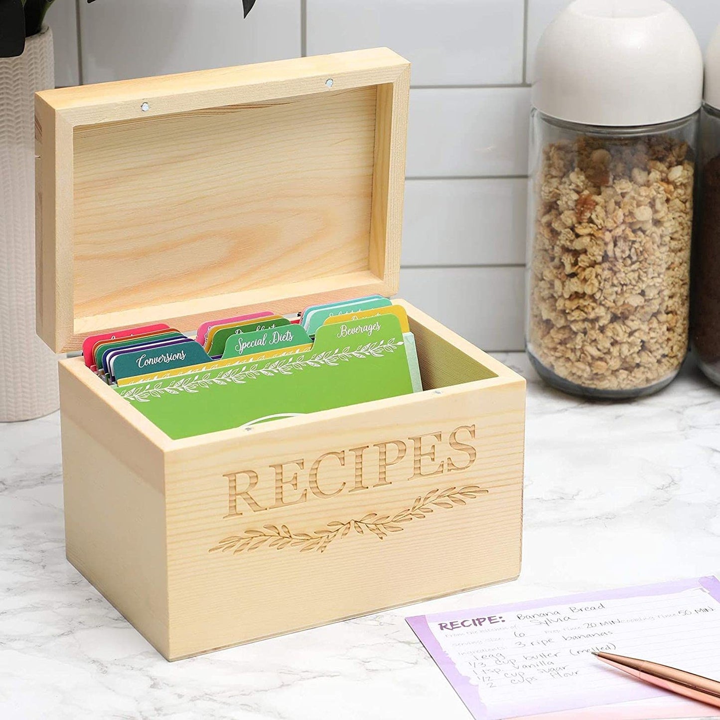 Juvale Wood Recipe Organisation Box with Cards and Dividers