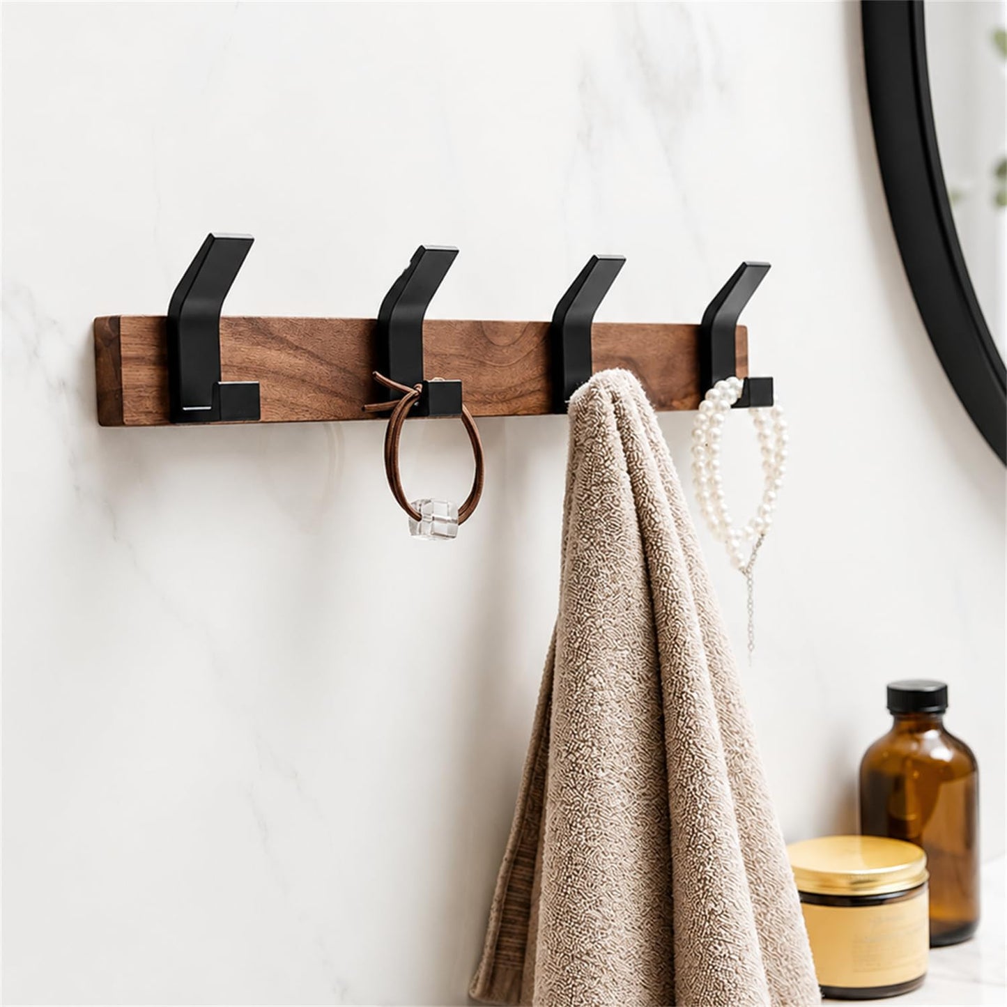 Trlyane Wooden Wall-Mounted Coat Rack - 4 Black Heavy-Duty Coat Hooks, 40cm