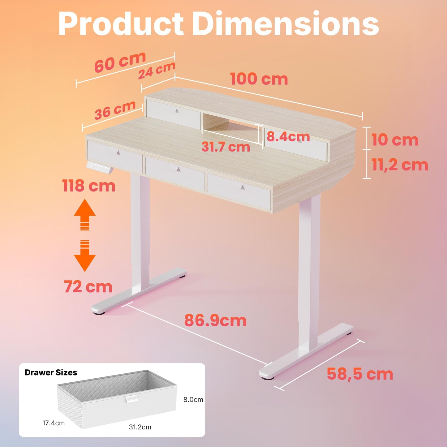 HUANUO Standing Desk with Drawers, 100x60cm, Natural
