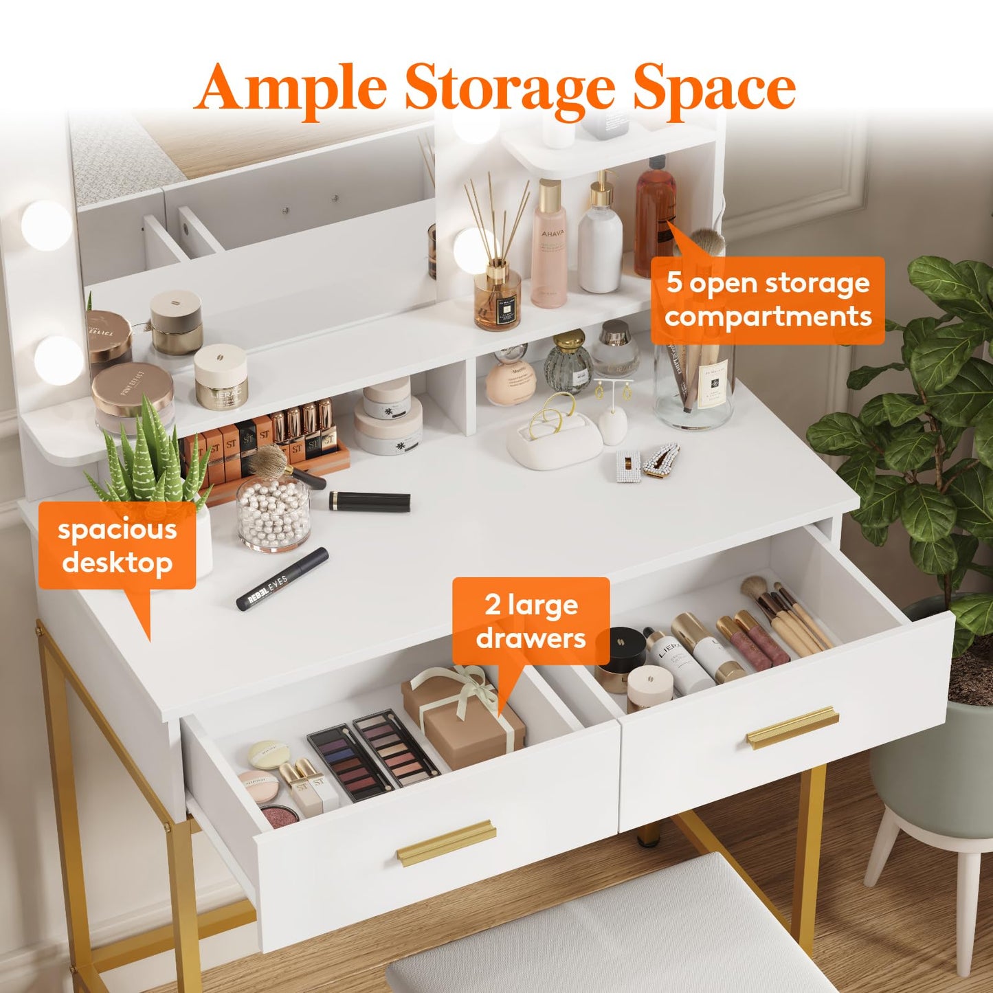 Lifewit Vanity with Mirror and Lights, Adjustable Color/Brightness, White Makeup Desk with 2 Drawers and Stool for Bedroom, Bathroom, Makeup Room