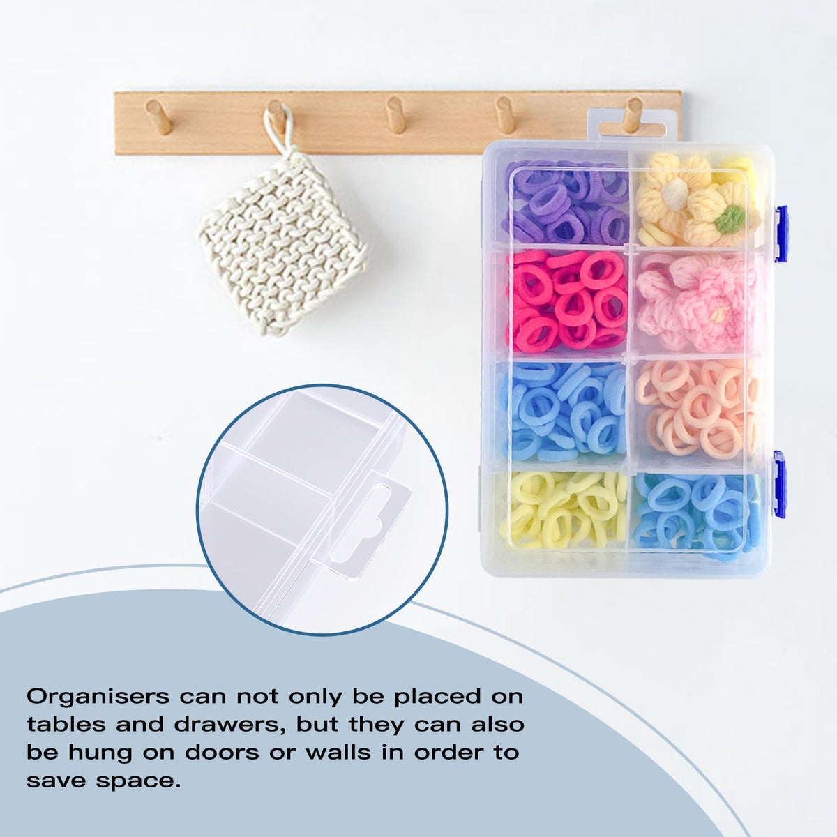 ECBEITF 3 Pcs 8 Grids Clear Plastic Storage Box with Adjustable Dividers, Double Buckle Transparent Stackable 8 Compartments Organiser Box Container