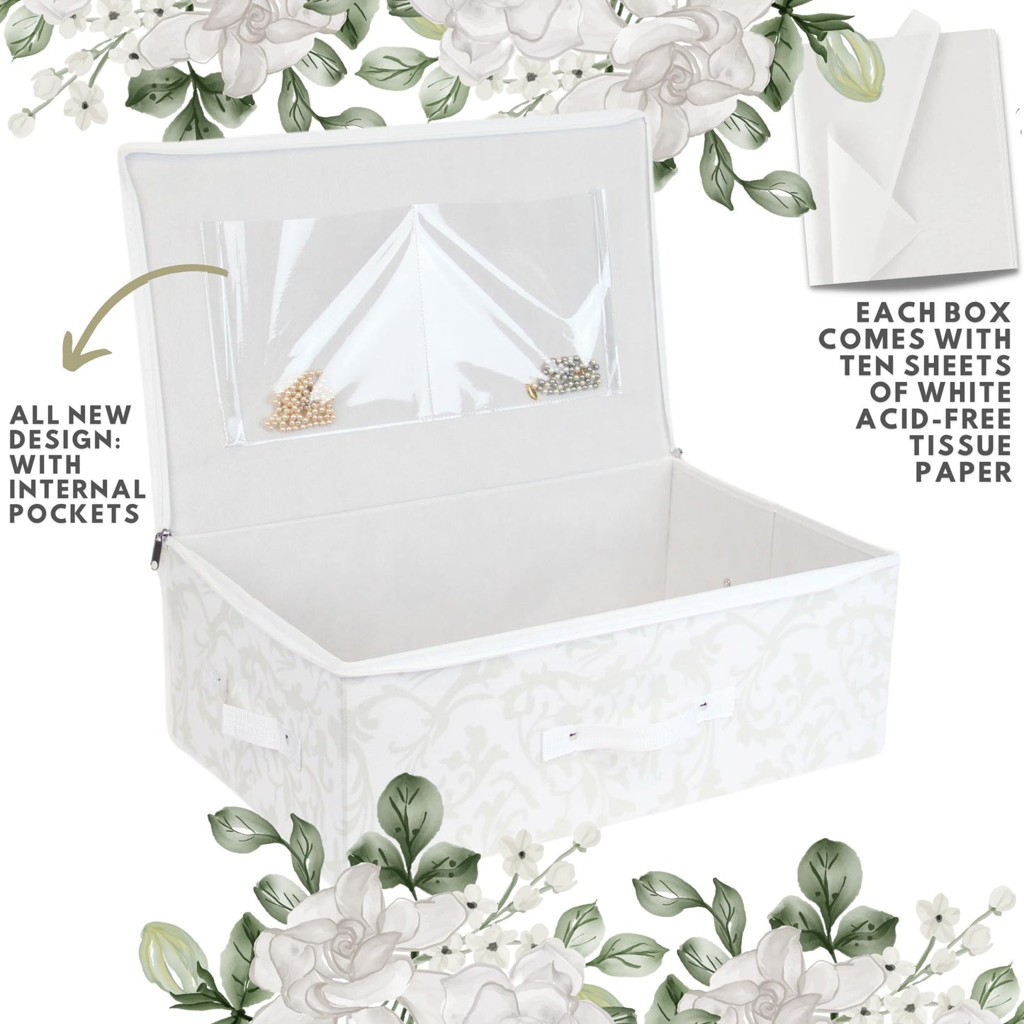 Hoesh - Breathable White with Silver Floral Design Wedding Dress Box - Underbed Storage Boxes, Wedding Dress Storage Box, Wardrobe Organiser