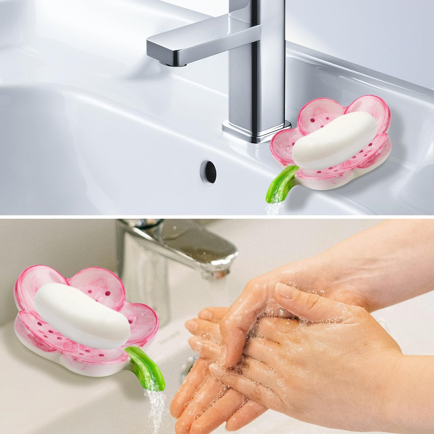 HuaLiSiJi Ceramic Soap Dish with Flowers Ceramic Soap Dish Leaf with Drainage for All Common Sizes Solid Soaps (Pink)