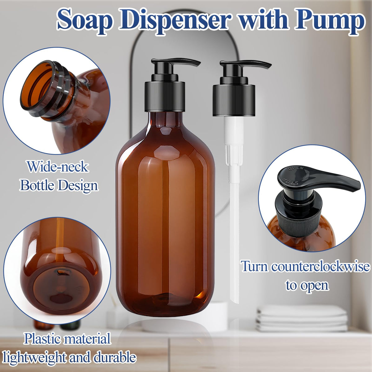 2 Pack Plastic Soap Dispenser with Pump, 500ml/17oz Refillable Pump Bottle Dispenser for Kitchen, Bathroom, Liquid Soap, Hand Soap, Dish Soap