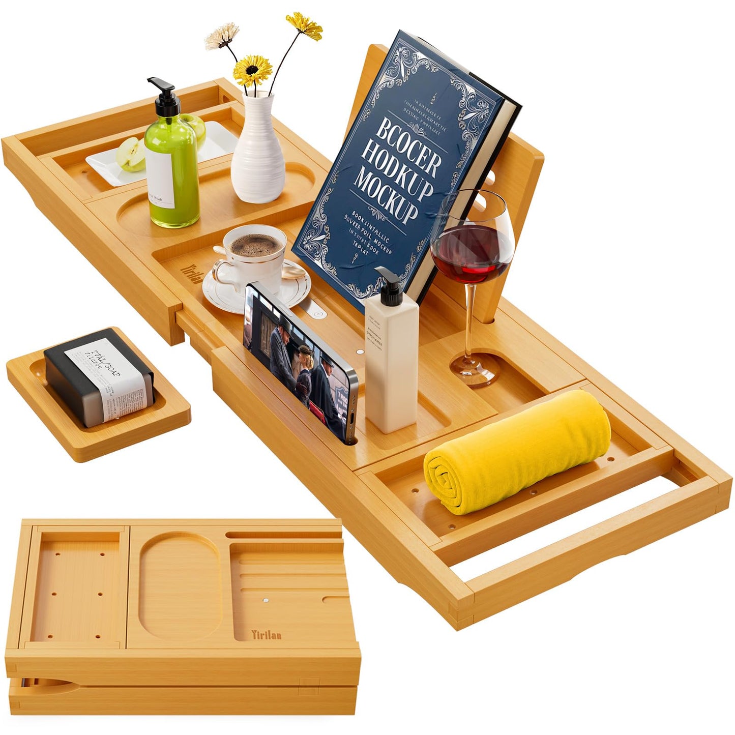 Yirilan Premium Bathtub Tray Caddy, Expandable Bath Tray