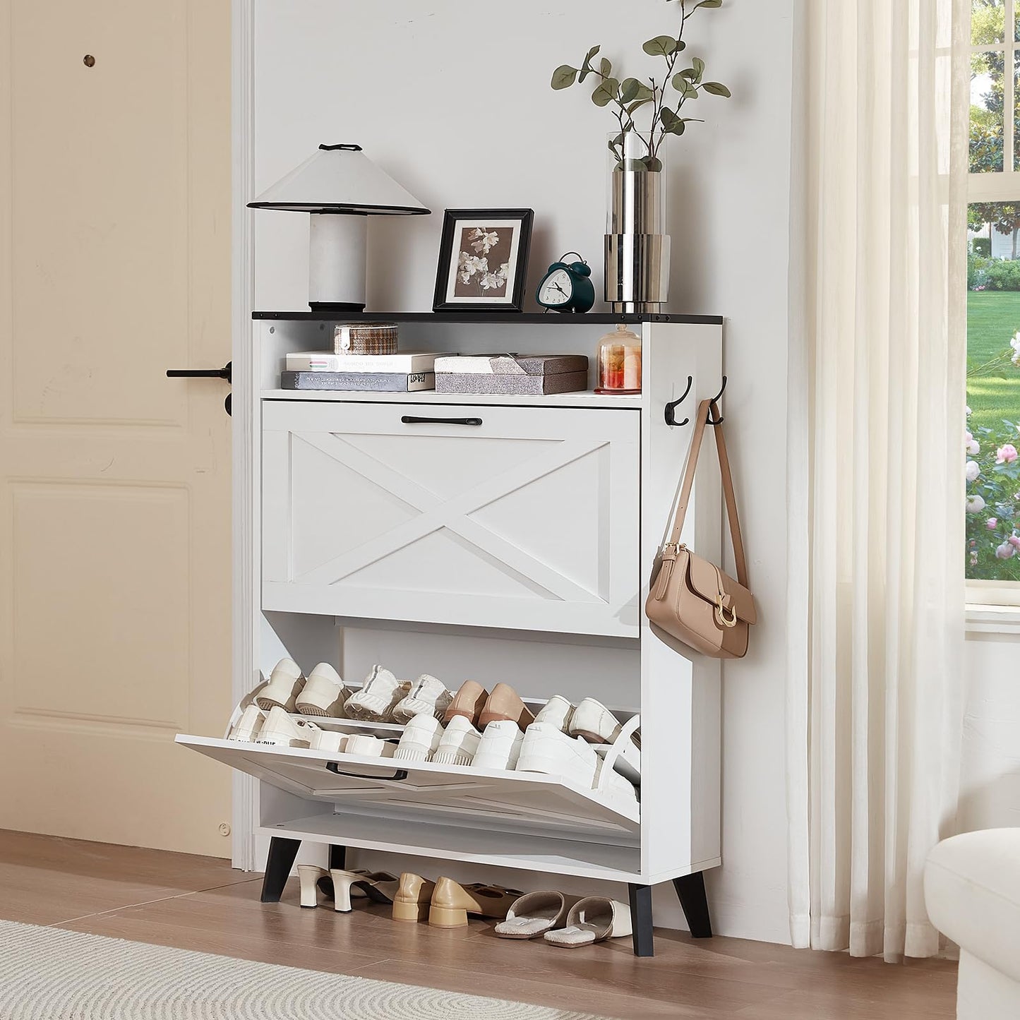 LELELINKY Hidden Slim Narrow Shoe Storage with 2 Flip Drawers, White