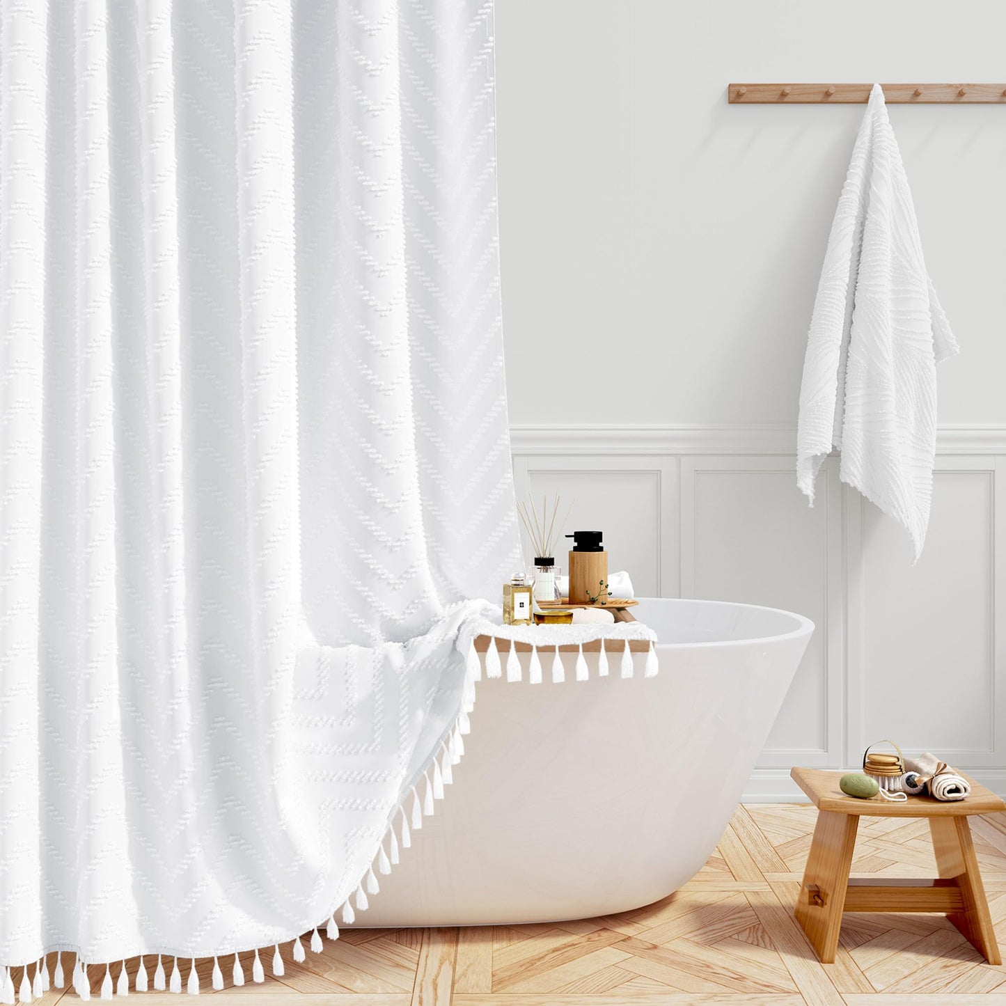 BTTN Narrow Boho Tufted Chevron Shower Curtain, Waterproof, 92x186cm, White
