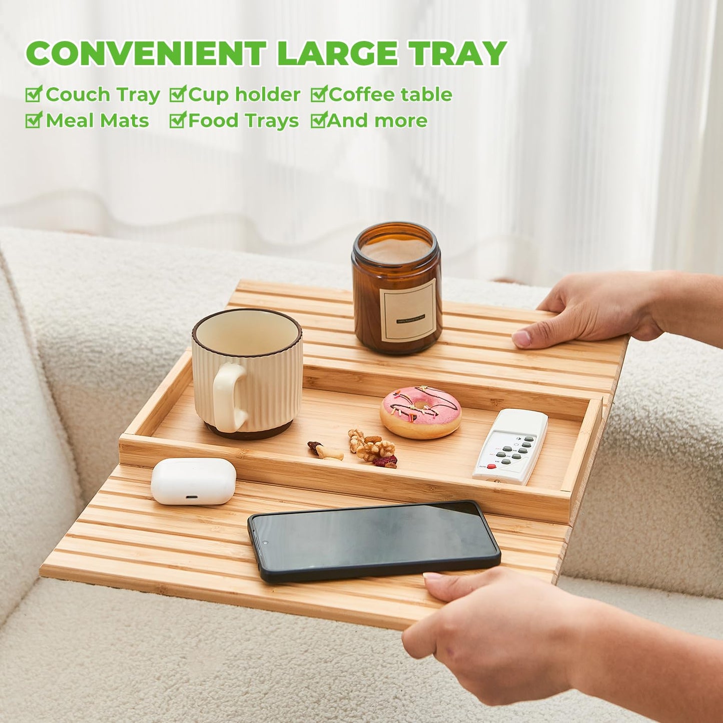 LOVYANXUE Bamboo Sofa Arm Tray, Anti Falling Couch Arm Tray Table, Foldable Couch Armrest Table, Portable Sofa Armrest Trays Cup Holder for Drink