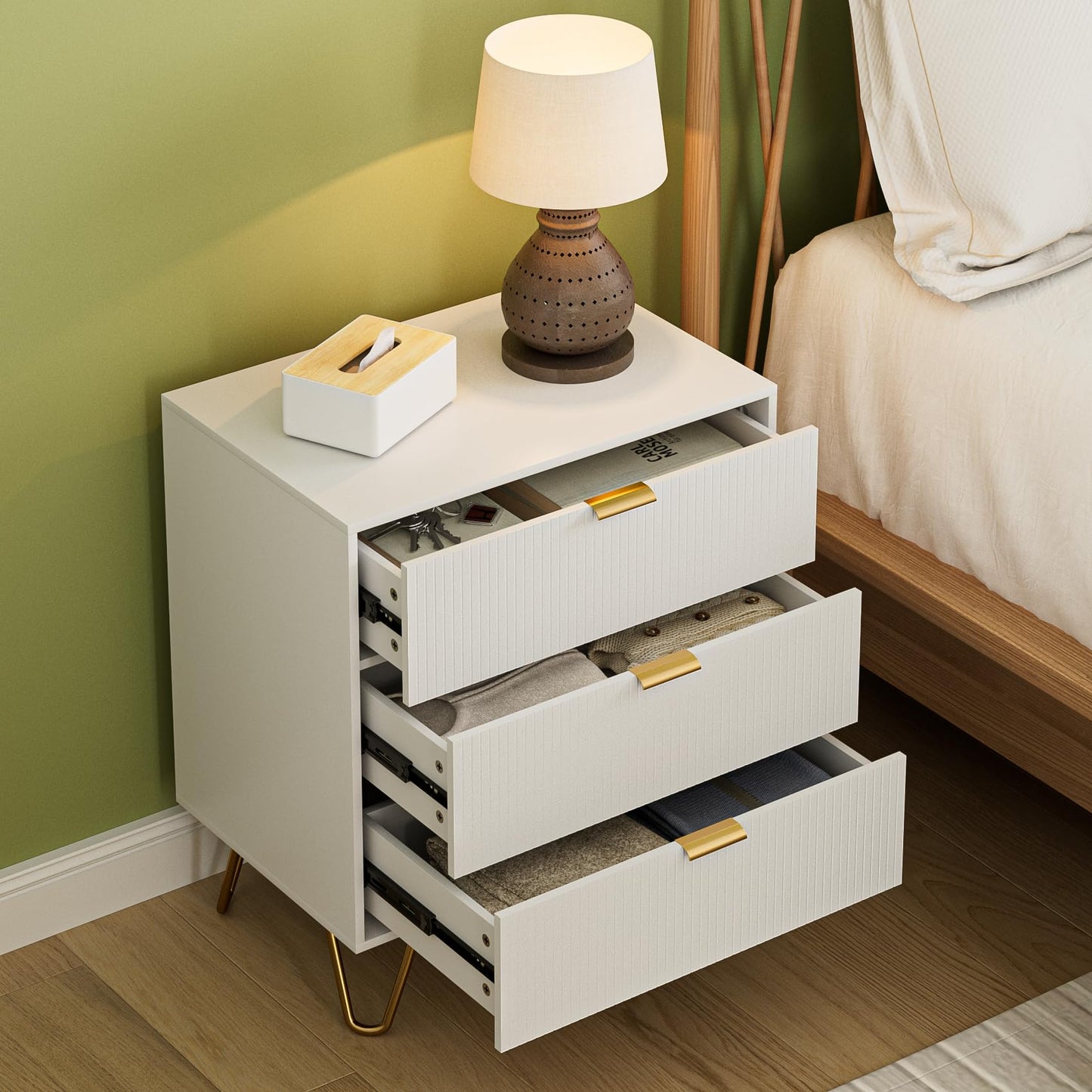 Apetaccat Bedside Table with 3 Drawers, Chest of Drawers Bedroom, 60x40x70cm, Wooden Bedside Cabinet With Metal Handles,for Bedroom