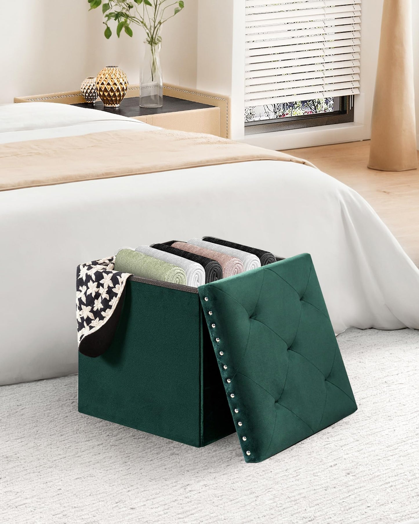 Bonlife Velvet Ottoman with Storage,Footstool Ottoman Seat,Green,40x40x40cm